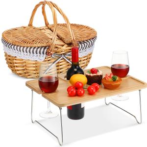 Picnic Basket with Foldable Champagne Table Kit, Handmade Wicker Basket with Lid Handle Portable Bamboo Tray Table for 2 Outdoor Camping Picnic Champagne Set Gift for Couples (Black and White)