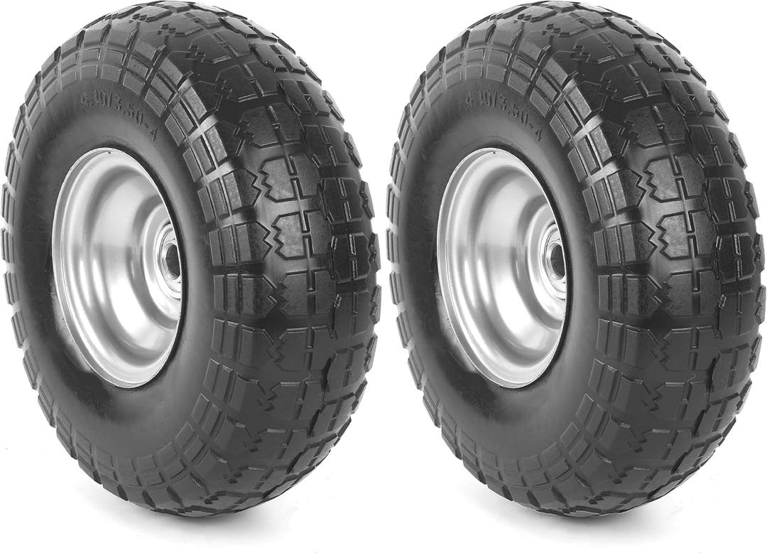 AR-PRO (2 Pack) 4.10/3.50-4 Flat Free Tire and Wheel, 10" Solid Rubber Tires for Wheelbarrow, Dolly, Hand Truck, Wagon, Garden Cart, Generator Wheels Replacement - 5/8" Bearings, 2.2" Offset Hub (Silver)