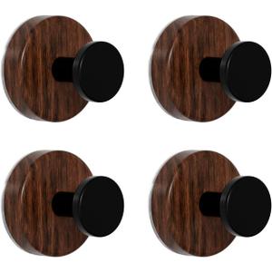 Walnut Wooden Suction Cup Hook, No-Drill, Waterproof  Behind Door, Bathroom & Closet Hat Hook, Adhesive Smooth Wall Mount, Rustic Wooden Style for Home Decor (4 Pack)