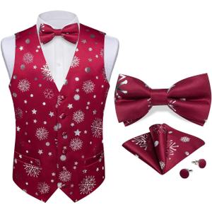 DiBanGu Mens Christmas Vest and Bow Tie Set Festival Christmas Snowflake Suit Vest for XmasNew Year Party Formal (Large, Burgundy Red Silver Snowflake)