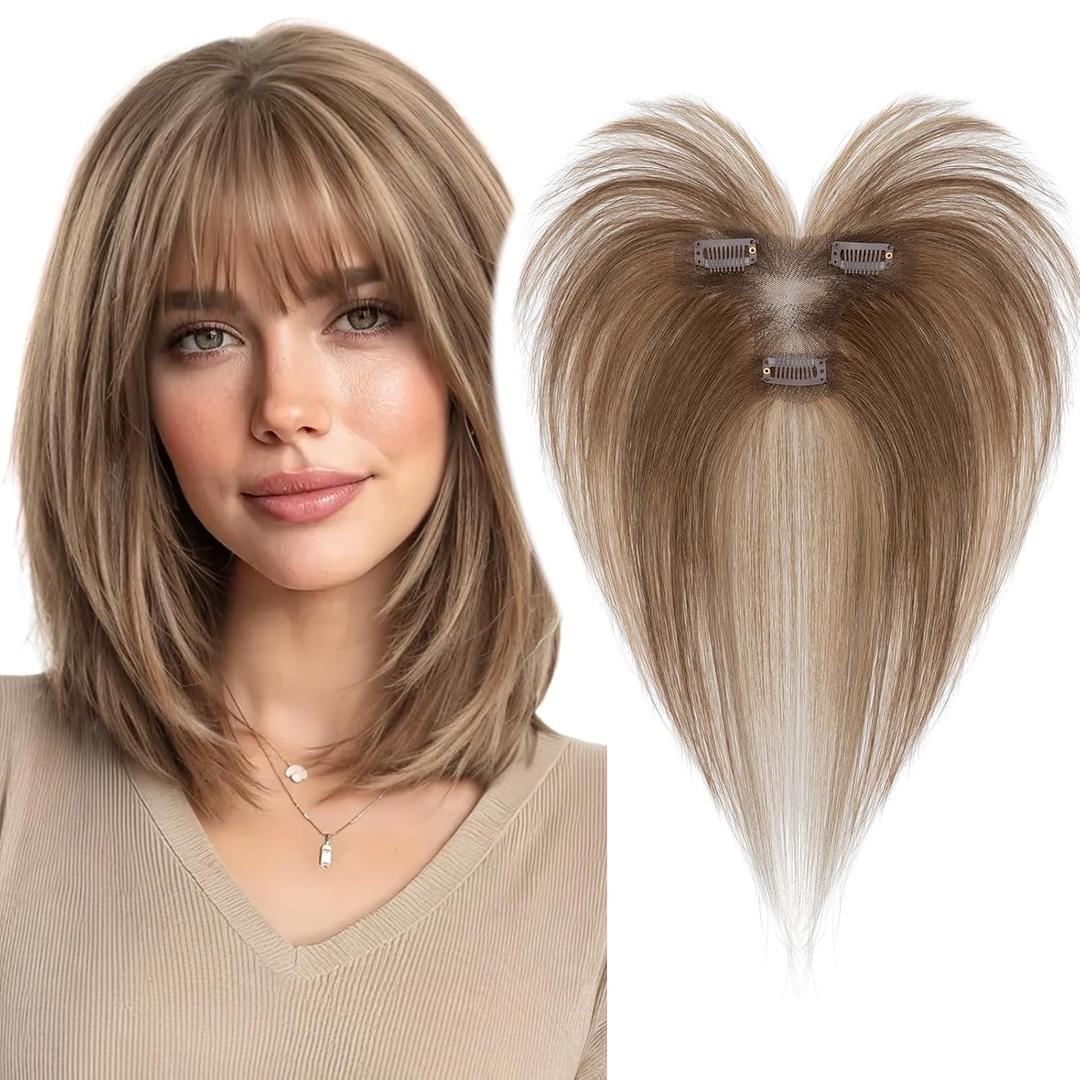 MY-LADY Human Hair Toppers for Women Real Human Hair with Air Bangs Hand-Tied Thin Light Weight 9 * 12CM Lace Base Clip in Remy Hairpieces 11 Inch Medium Brown & Dark Blonde