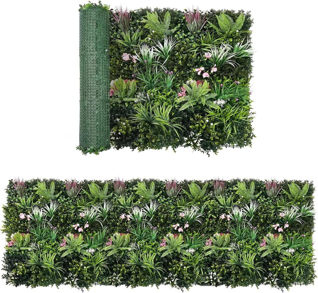 Artificial Grass Wall Panels Roll 40'' x 120'' Boxwood Flower Cream Fern UV Protected Faux Greenery Hedge, Privacy Fence Screen, Grass Backdrop for Outdoor Garden Birthday Wedding Indoor Wall Decor