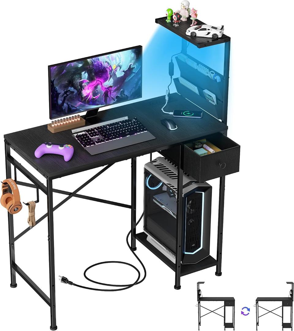 33.7 Inch Small Gaming Desk Table with LED Lights & Power Outlets, Compact L Shaped Gaming Computer Desk with CPU Stand, Drawer & Storage, Corner PC Desk for Kids, Home Office , Bedroom, Black, 33.66 x 15.75 x 43.35 inches