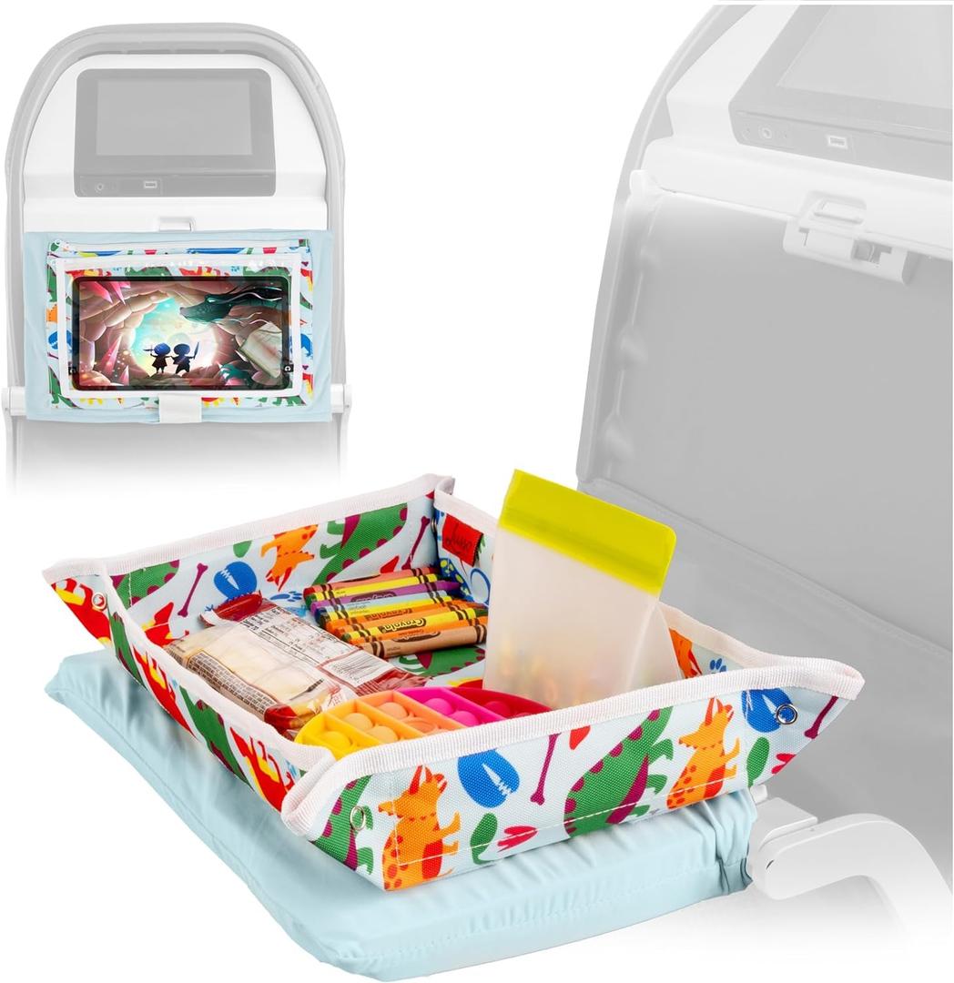 Lusso Gear Kids Airplane Tray Table Cover with Pockets  Travel Tray Essentials for Toddlers on Plane or Train - Travel Toys & Airplane Travel Essentials - Flying Accessories Toddlers (Dinosaurs)