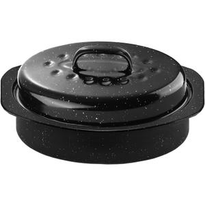 13Inch Roasting Pan, Enamel on Steel, Black Covered Oval Roaster Pan with Lid, Small Cookware for Turkey, Small Chicken, Roast Baking Pan.