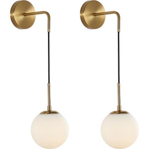 KCO Lighting Frosted White Glass Wall Sconce Set of Two Brass Gold Globe Ball Wall Light Adjustable Cord Industrial Vanity Wall Lamp for Bathroom Mirror Bedside Stairs (White)