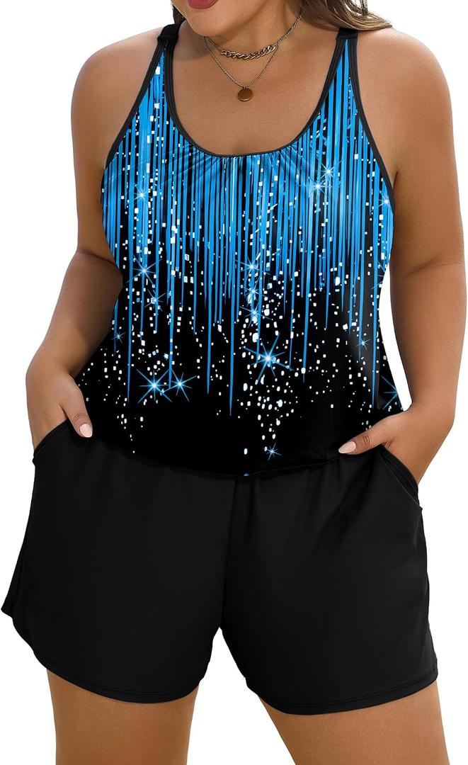 Arolina Women's Plus Size Swim Romper One Piece Swimsuits Modest Bathing Suit with Pockets, Black Blue (Size 20)