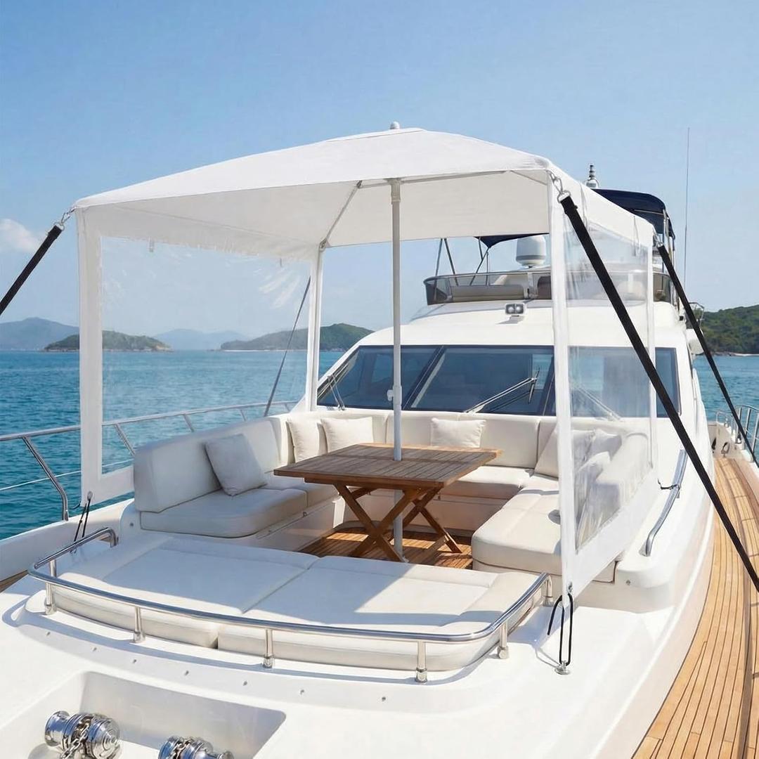 Briwooody Boat Umbrella Sun Shade with Sidewalls Kit 6' x 6' Boat Sun Cover Anti-Ultraviolet, Adjustable Aluminum Pole to 8 Feet with Ropes and Storage Bag Fits Most Boats and Benches