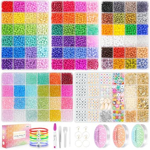 5mm Glass Beads Bracelet Making kit, 96 Colors 12800pcs Glass Seed Beads Friendship Beads for Bracelets Crystal Waist Bead with String Cords Letter Bead Charms for DIY Jewelry Making Crafts