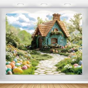 Easter Backdrop 10x8ft Spring Garden Eggs Floral Flowers House Enchanted Forest Wonderland Photography Background Kids Adult Party Banner Decorations Photoshoot Fabric Tapestry Wall Decor