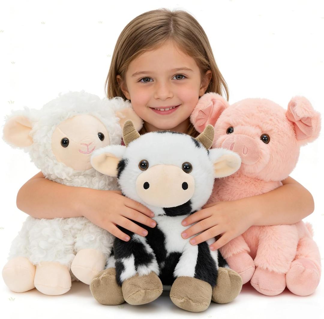 MaoGoLan 3 Pack Stuffed Farm Animals Bulk, Cute Pig Cow Sheep Stuffies Soft Plush Toys Set for Girls Gifts Easter Basket Stuffers Christmas Birthday Party Favors Decorations