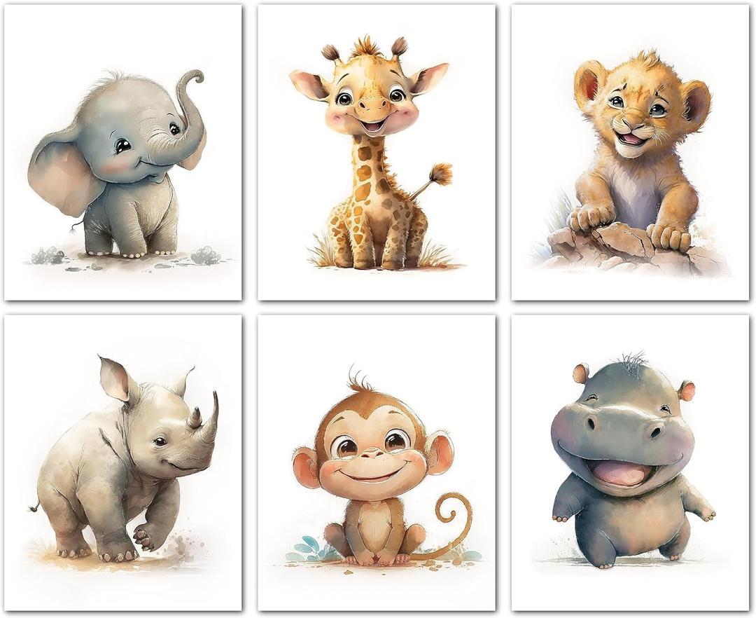 Wodkwq Nursery Wall Art Safari Animal Canvas Prints Baby Girl Boy Room Decor Poster Pictures Cute Jungle Theme Toddler Room Decoration Painting Set of 6 for Kids Bedroom Bathroom 12x16in Unframed