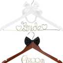 Beeveer 2 Pcs Bride Hanger for Wedding Dress Bride and Groom Wooden Wedding Dress Hanger Set with Bow Tie for Tuxedo Suit Gift Bridal Party Shower