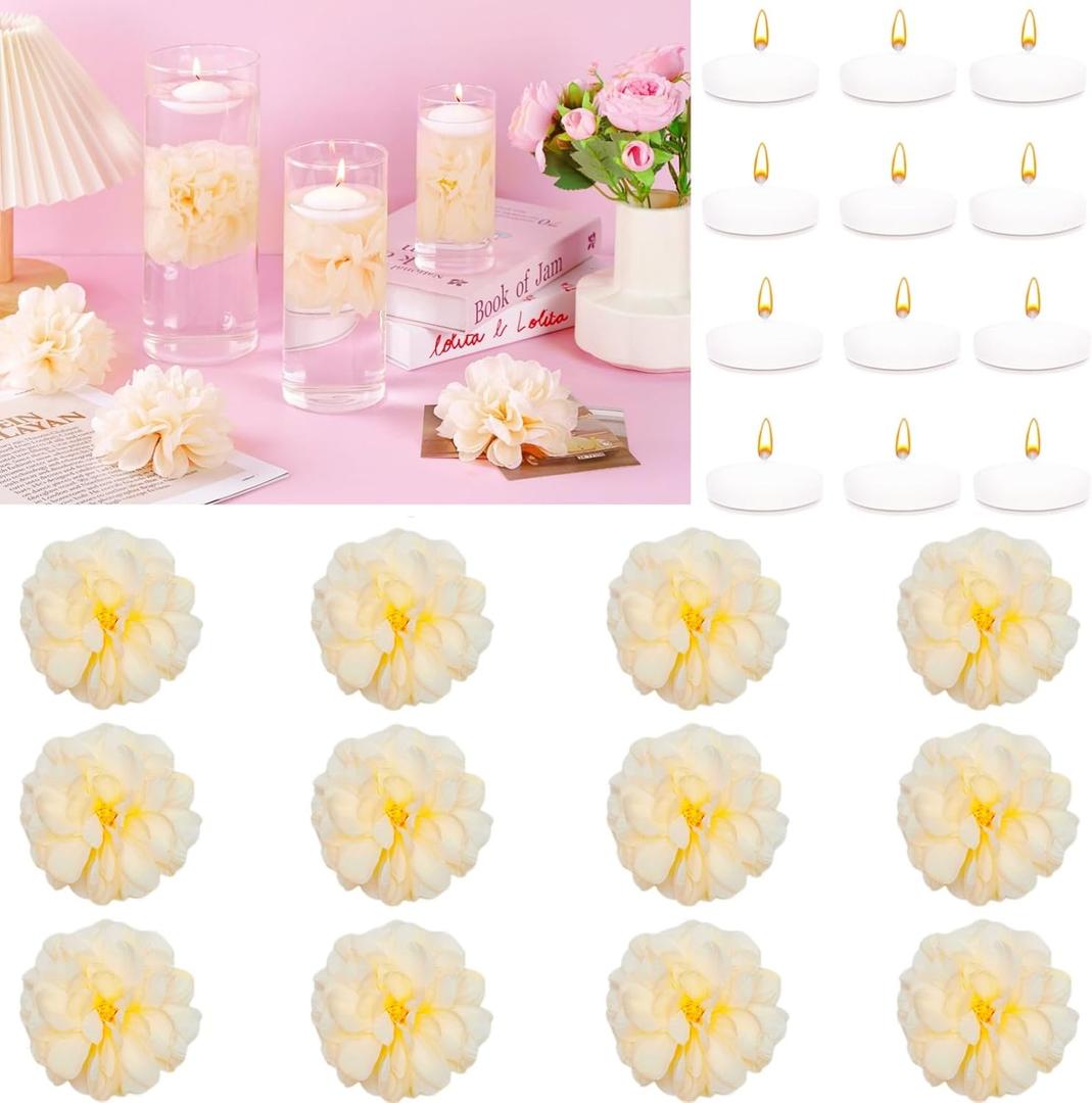 24 Pcs Floating Candles for Centerpieces and Floating Flowers for Centerpieces Champagne Artificial Flowers Vase Fillers for Wedding Table Party Home Decoration