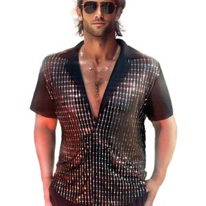 Mens Mesh Sequins See Through 70s Disco Long Sleeve Button Down Shirts (Large, Black Silver-short Sleeve)