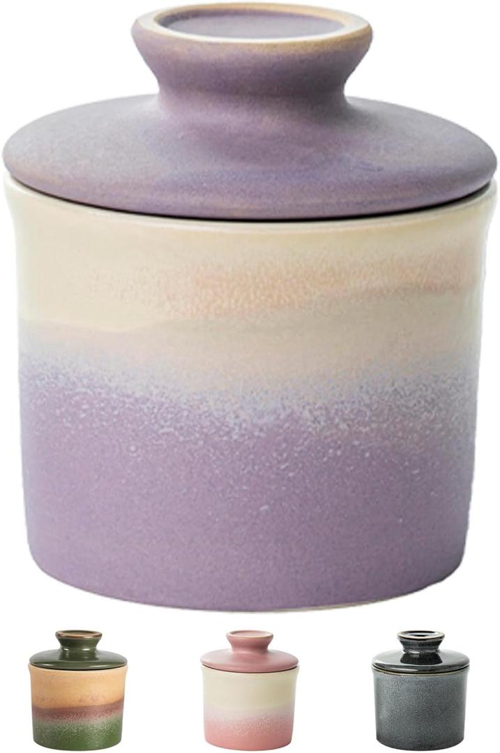 Butter Crock with Lid,French Butter Dish with Water,Butter Keeper for counter decor,Container Holder Kitchen Christmas Gifts Housewarming Home for Fresh Spreadable Butters (Purple Beige)