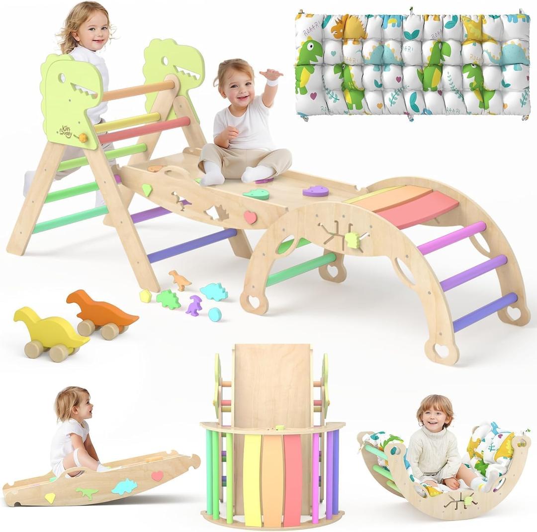 Pikler Triangle Set with Cushion - 9 in 1 Toddler Climbing Gym - Montessori Wooden Climbing Toys with Maze, Shape Sorting, Dinosaur Car (Ages 1-3, Rainbow)