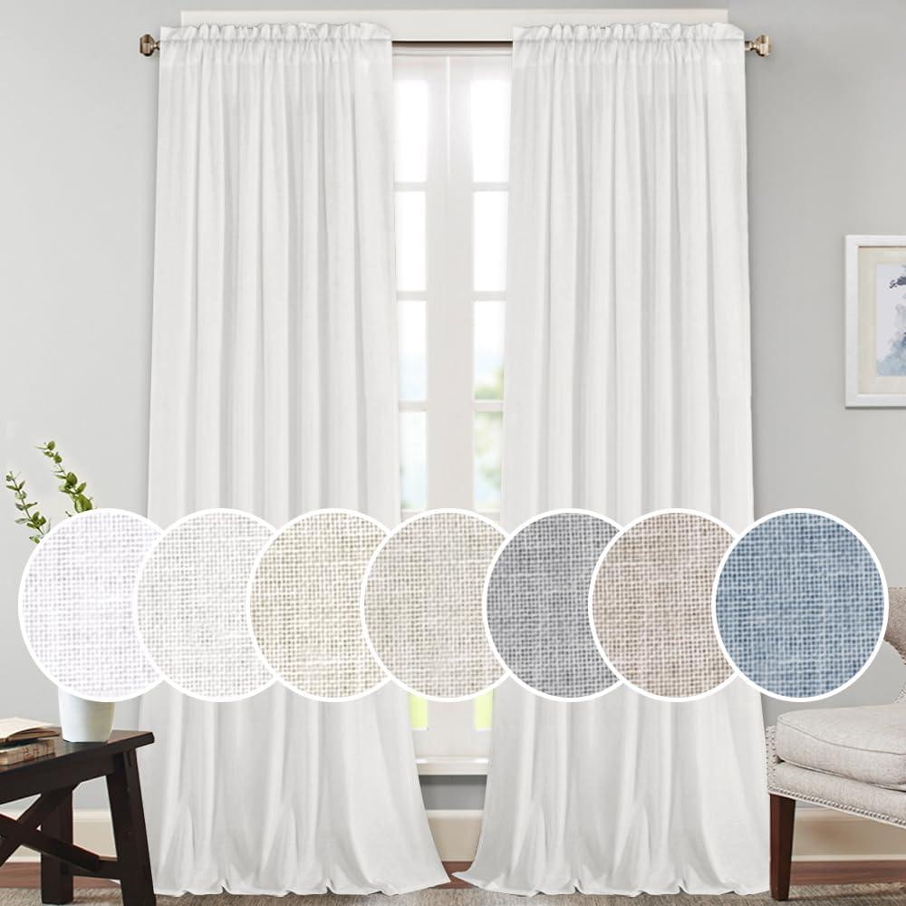 PrinceDeco Linen Sheer Curtains Linen Blended Rod Pocket Panels Light Filtering White Curtains for Living Room Vertical Drapes for Bedroom Modern Farmhouse Decor, 2 Panels, 52" W x 96" L