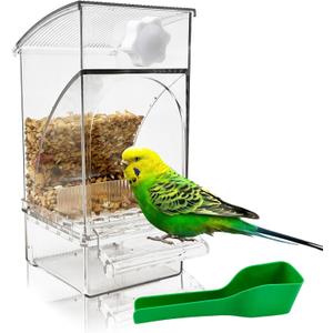 Hamiledyi No Mess Bird Feeder Automatic Transparent Acrylic Parrot Seed Food Container with Perch Bird Cage Accessories for Parakeet Finch Lovebirds Budgies Canary