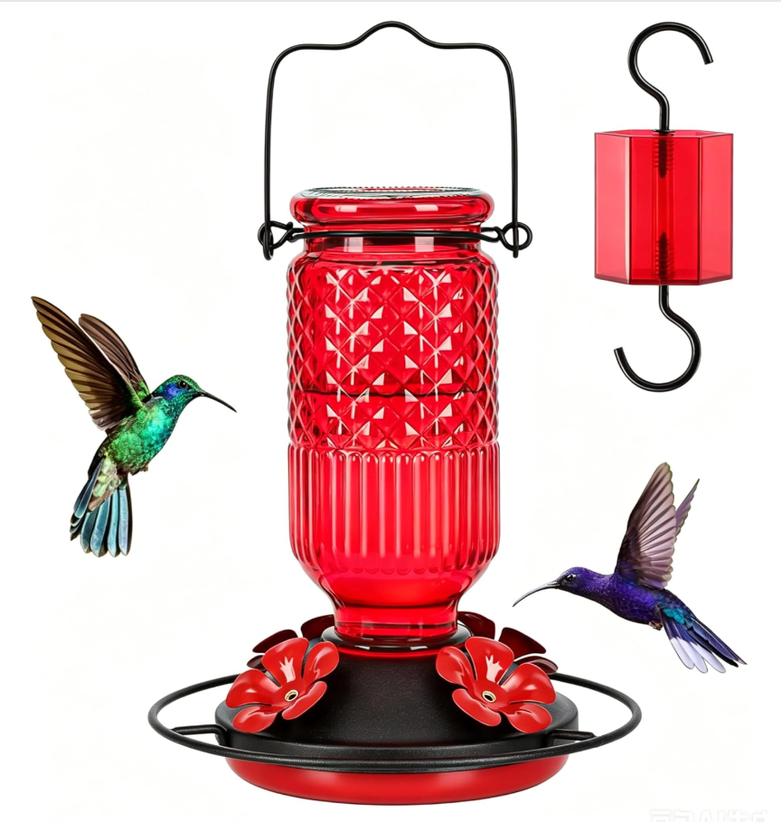 FEED GARDEN Glass Hummingbird Feeder for Outdoors Hanging, 16 OZ Humming Bird Feeders with 4 Bee Guard Feeding Ports & Built-in Ant Moat, Hummingbird Gifts for Mom Bird Feeder for Outside, Pink,2 Pack