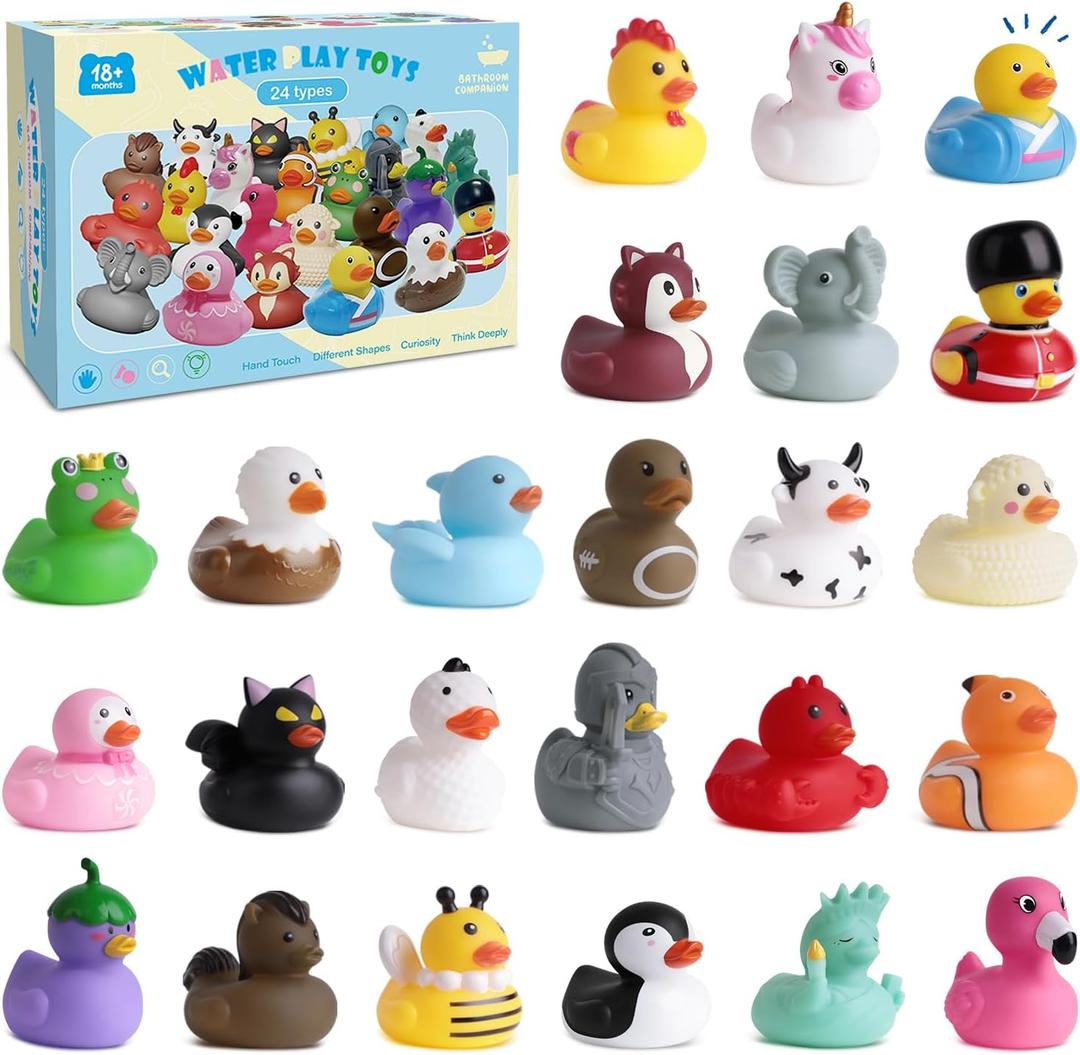 24 Rubber Ducks, Toddler Bath Toys, No-Hole Bathtub Toys for Baby Pool Toys for 18+ Months Girls Boys