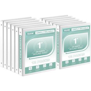 SUIN 1-Inch 3-Ring-Binder, Clear View Cover, for US Letter Size 8-1/2 x 11'', Perfect for Office/School (White - 12 Packs)