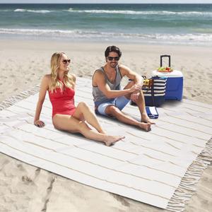 Genovega Cotton Turkish Beach Towel Pool Blanket Sandproof Fast Dry Thin Extra Large XL Compact Shelter Canopy Tent Must Haves Ship Cruise Essentials Spa Accessories Summer Vacation Item Mr Mrs Gift (Giant Large 82" x90", Stripe Beige)
