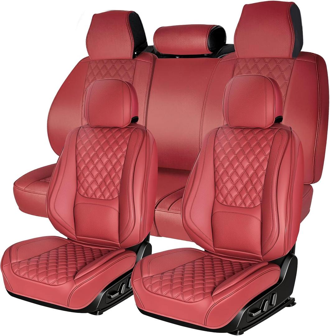 Car Seat Covers Full Set, Red Faux Leather Waterproof Seat Protectors, Breathable with Lumbar Support, Front Seats Back Seat Covers,Wear-Resistant Universal Fit for Most Cars, Trucks, SUV
