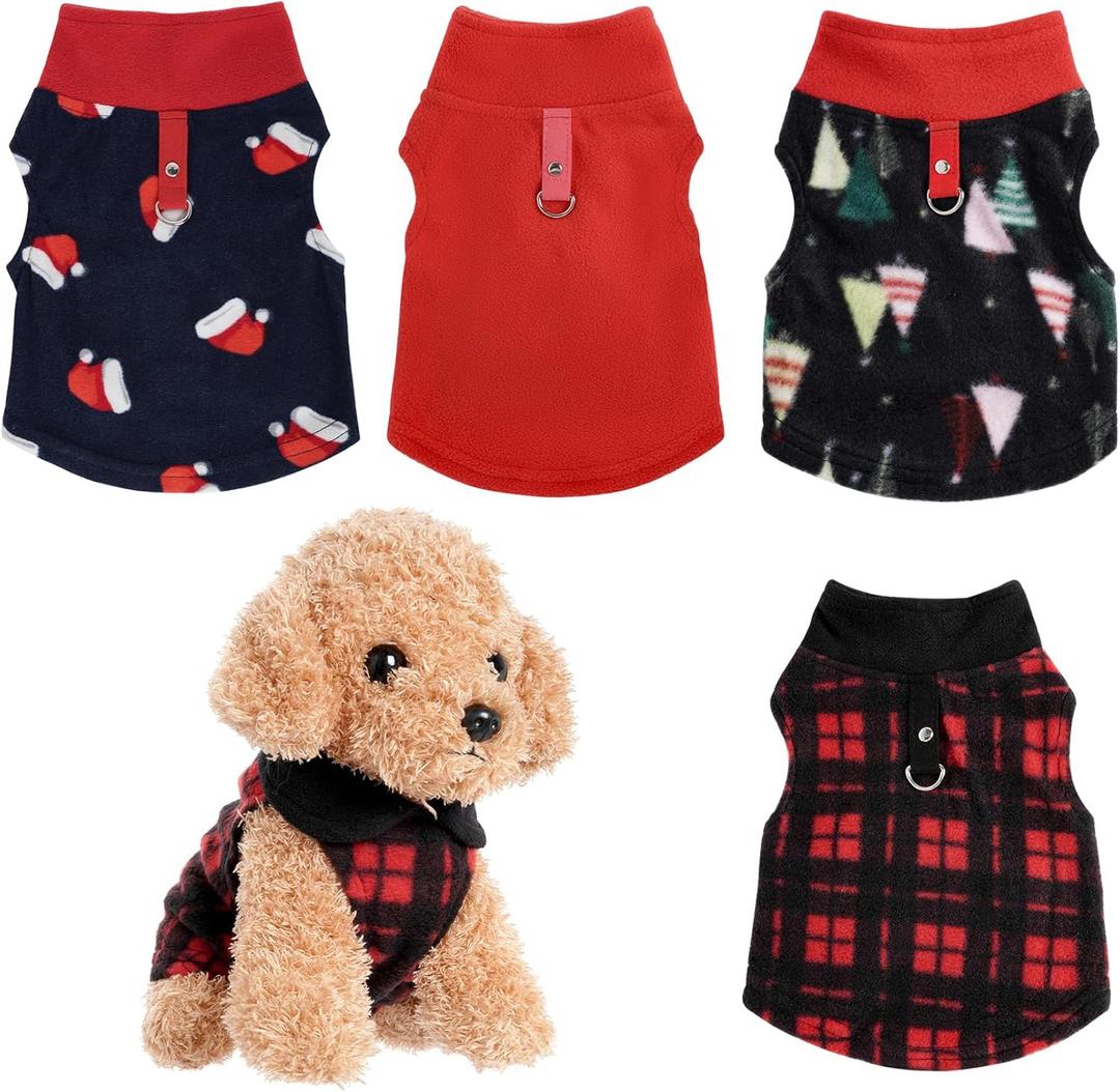 Rbenxia 4 Pieces Red Buffalo Plaid Dog Sweaters with Leash Ring Soft Fleece Vest Dog Pullover Warm Jacket Pet Dogs Clothes Winter Dogs Outfits for Small Puppy Cat Pets (Small)
