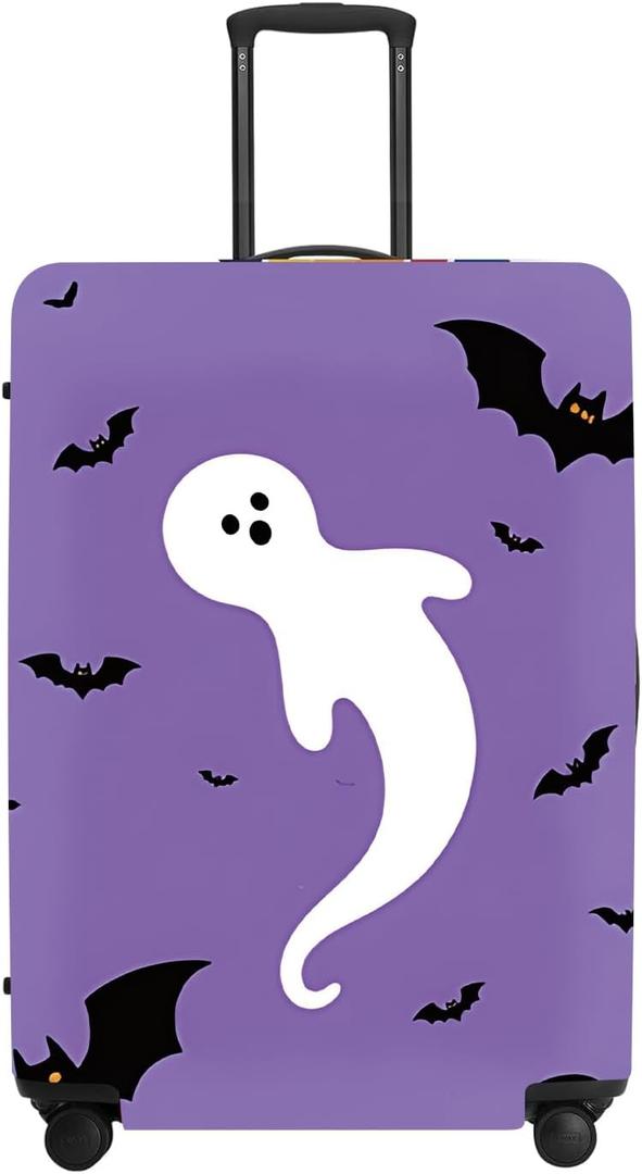 Spooky Bat Luggage Cover 18-32 Inch - Purple Background Ghost & Bats Suitcase Protector, Reusable for Halloween Travel
