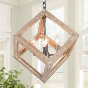 KSANA Chandeliers for Dining Room, Distressed Weathered Wood Chandelier Farmhouse 4-Light Geometric Hanging Light Fixtures for Kitchen Hallway Bedroom