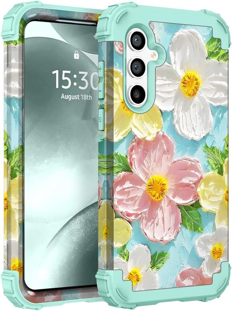 for Galaxy A14 5G Case,3 in 1 Oil Painting Flower Pattern Heavy Duty Shockproof Protection Silicone Rubber Bumper+Hard Plastic Hybrid Protective Cover for Samsung A14 6.6",Green Flower