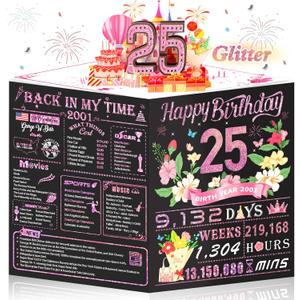 OLOSONG 25th Birthday Card,3D Pop Up Funny 25th Birthday Decorations for Women Friend Sister,Happy 25 Year Old Birthday Gift for Daughter,Great 25 Year Old Gifts Idea for Her,Jumbo Rose Glod In 2001