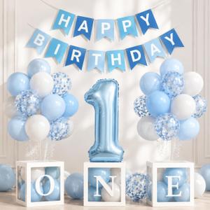 First Birthday Decorations For Boy-40 Inch Blue 1 Number, Baby Blue White Balloons, Happy Birthday Balloons And One Balloon Boxes For Kids One Year Old Birthday Decorations