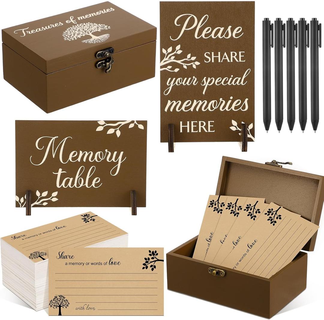 Gilprop 112 Pcs Celebration of Life Memory Cards Set Share a Memory Cards with Box 2 Wood Sign with 4 Hold and 5 Pens, Sympathy Memorial Gifts Funeral Keepsake Decorations (Tree)