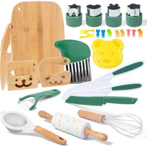 18 PCS Kids Cooking Sets Real, Montessori Kitchen Tools for Toddlers, Cooking & Baking Set for Kids Little Chefs, Toddler Knife Set, Crinkle Cutter, Cutting Board