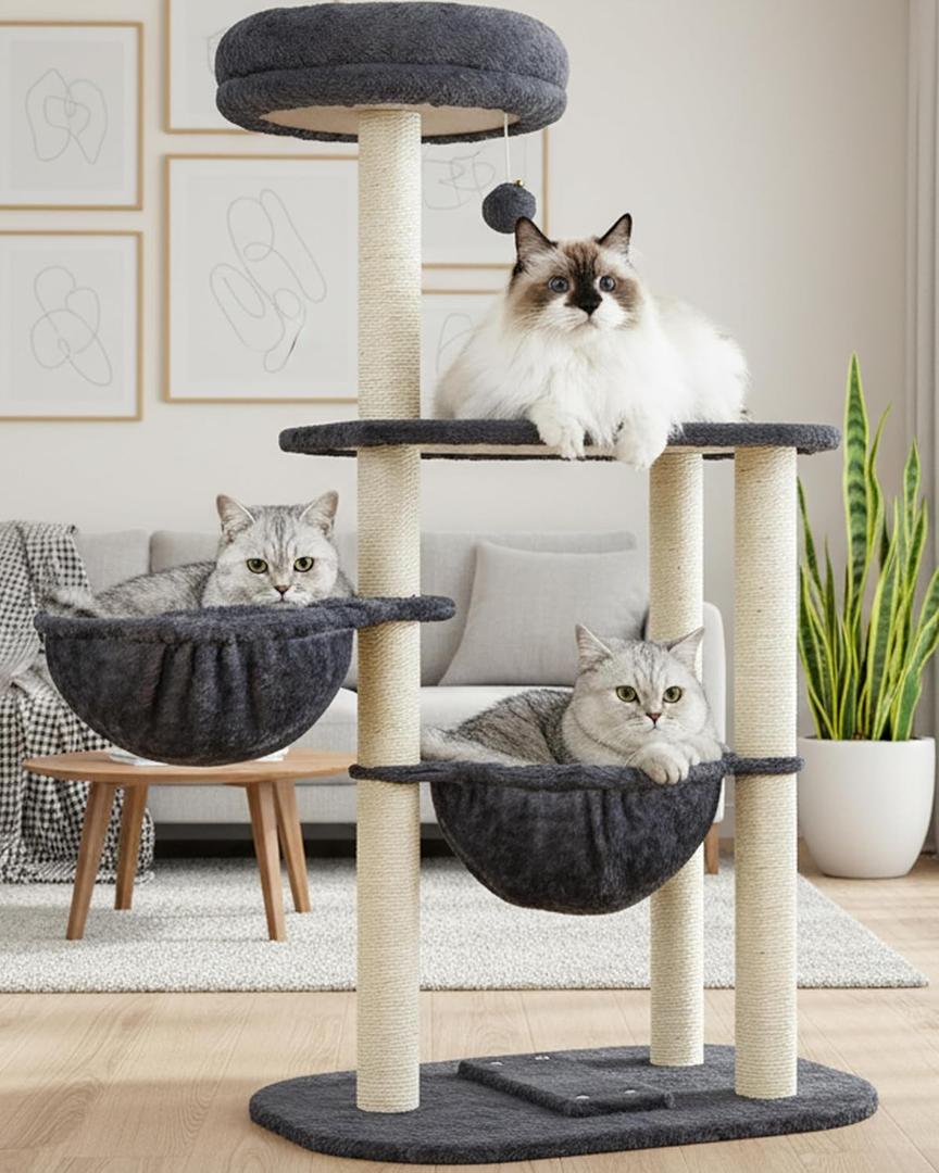 Small Cat Tree Tower with Lots of Scratching Posts - 42 Inch Medium Compact Cats Scratch House with Hammock Perch for Multi Level 2 Kitty - Indoor Corner Cat Bed Condo Climbing Gym Towers Furniture