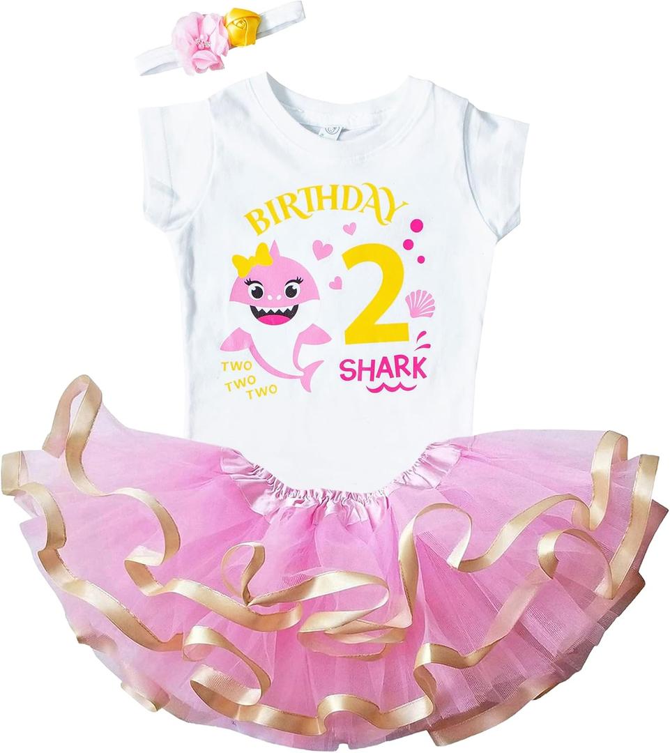 Luke and Lulu Birthday Outfit Girl Shark Design - 2nd Birthday Girl (24 Months, Pink Short)