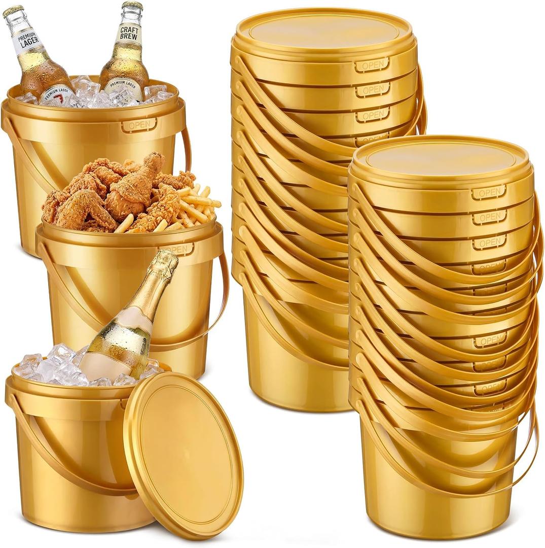 Funnymoom 20 Pack 48 oz Gold Buckets with Lid Plastic Ice Cream Buckets with Lid and Handle Ice Cream Tub Food Storage Containers Round Plastic Pails Freezer and Microwave Safe for Food