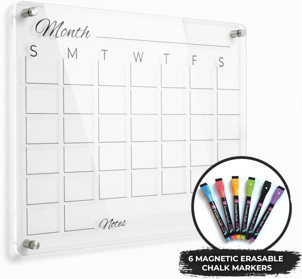 Premium Acrylic Calendar for Wall (16.75 x 13.25) Clear Calendar & Family Reusable Planner with Vibrant Markers, Acrylic Dry Erase Board for Wall, Home, Office, or Family Command Center