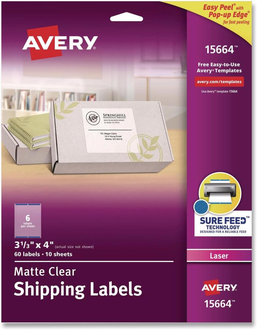 Avery Printable Shipping Labels with Sure Feed, 3-1/3" x 4", Matte Clear, 60 Blank Mailing Labels (15664)