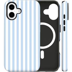 flewfun Magnetic for iPhone 17 Case Cute Stripes Phone Case, Shockproof Slim TPU and Hard PC Protective Phone Cover Compatible with MagSafe Designed for Women Girls, Blue and White