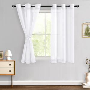 Hiasan White Sheer Curtains with Tiebacks for Bedroom, Grommet Light Filtering Semi Transparent Voile Drapes Grommet Window Curtains for Living Room, W42 x L54, Set of 2 Panels