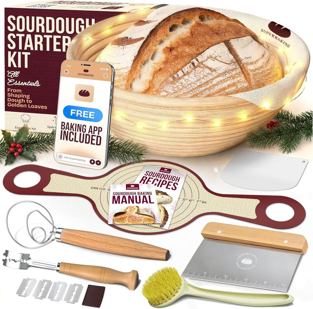Superbaking Banneton Bread Proofing Basket Set with Silicone Dough Sling, 9" Splinter-Free Proofing Basket, Non-Stick Dutch Oven Liner, Sourdough Starter Kit, Sourdough Bread Baking Supplies & Tools