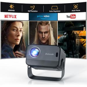 360Adjustable Stand & Auto Focus Polocsh 4K Projector with WiFi and Bluetooth, 600 ANSI & Auto Keystone Portable Projector, Native 1080P Outdoor Movie Projector for Phone TV Stick HDMI USB