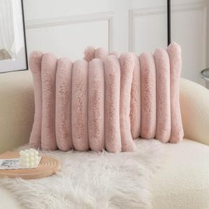 Neelvin Pink Faux Fur Cozy Soft Striped Decorative Throw Pillow Covers 18x18 inch Set of 2, Velvet Pillowcase Cushion Case for Sofa Couch