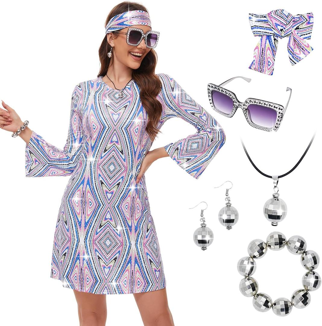 70s Women Disco Dress Hippie Costumes Necklace Earrings Glasses, 60's 70's Birthday Outfits, 1970s Prom Bling Dress (Medium)
