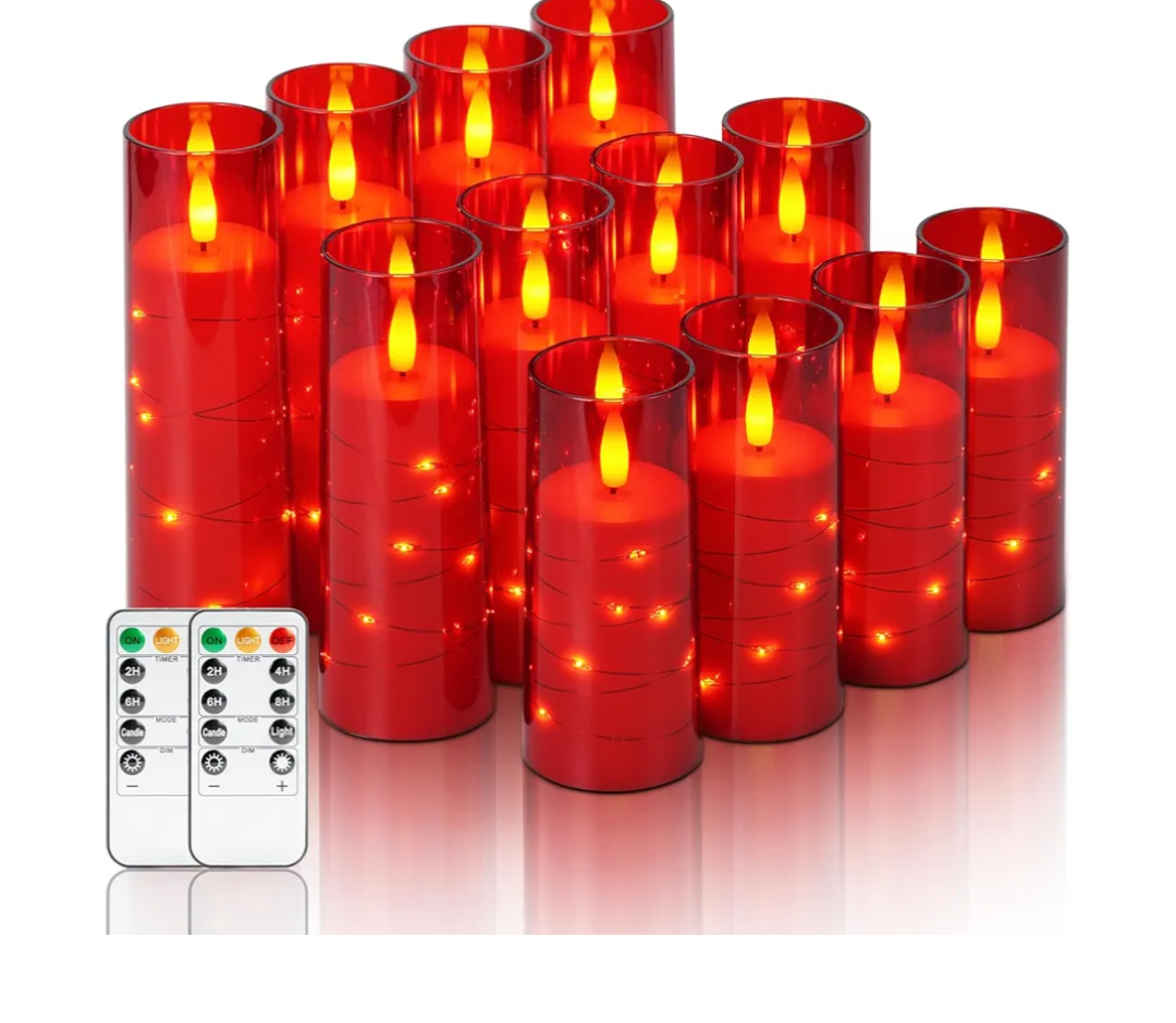 Homemory 12Pcs Flameless Candles with Star String Fairy Lights, Flickering Battery Operated Candles, LED Fake Candles with Remote and Timer, Christmas, Weddings, Home Decor, Red