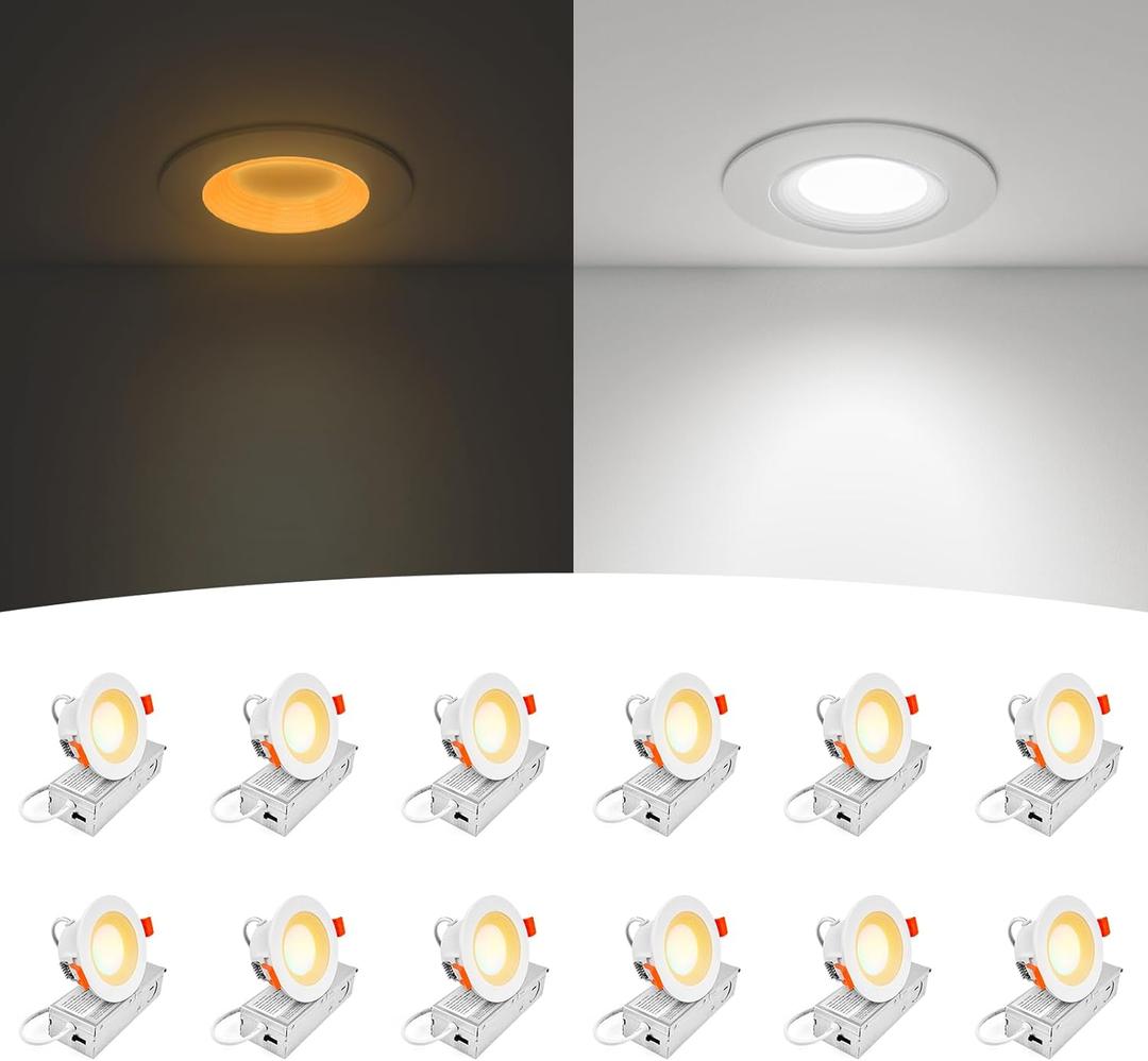 12-Pack 3 Inch Anti-Glare Recessed LED Lights with Night Light, Deep Baffle Downlight, Dimmable, 2700K-5000K 5CCT Selectable, with Junction Box, Canless, 680lm, ETL Listed, White