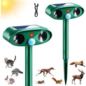 2 Pack Solar Ultrasonic Animal Repeller Outdoor - Sonic Fortress Pro Deer Repellent Weatherproof with Motion Sensor & USB Charging,Deter Cats,Squirrels,Racoons,Rabbits,Skunks Humanely for Yard Garden